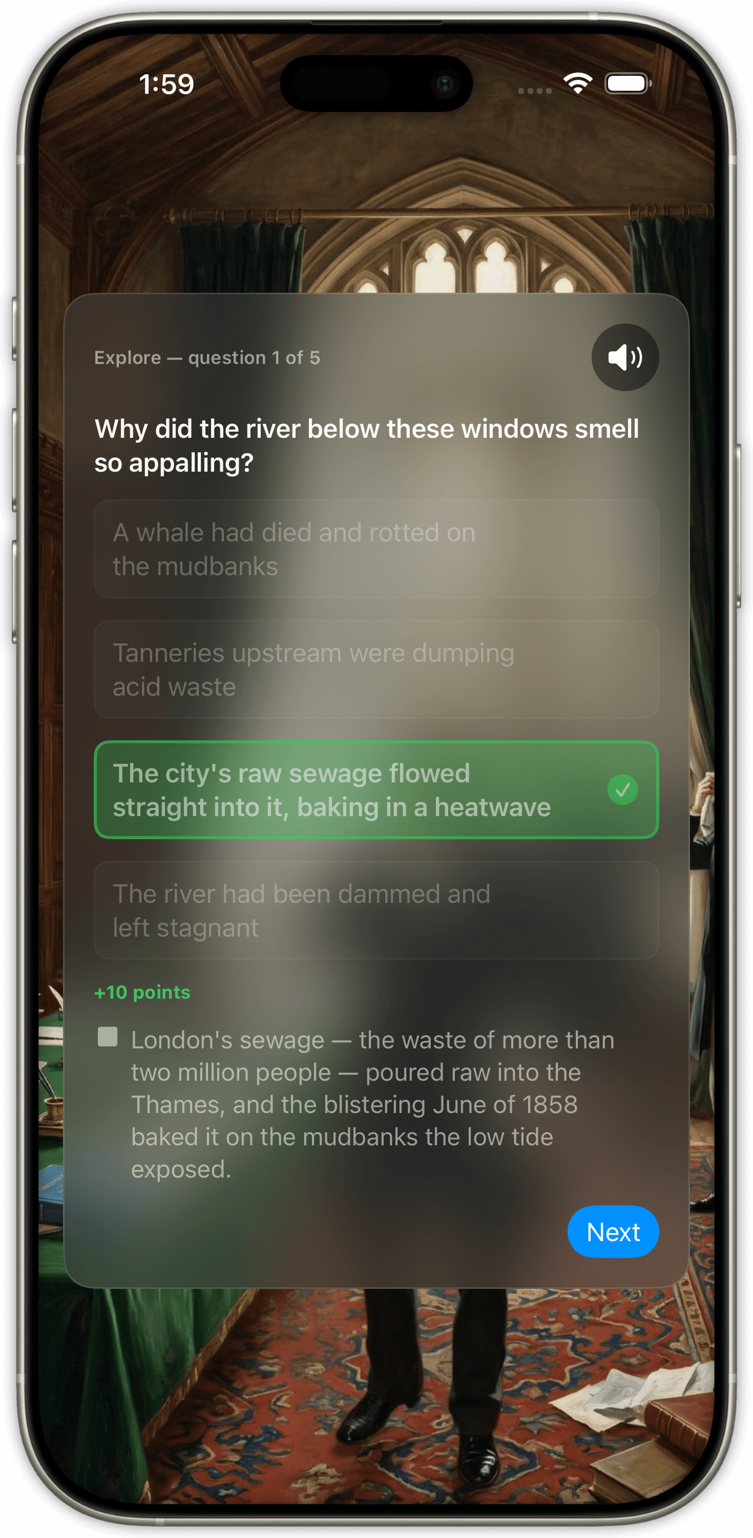 An Explore quiz question with the correct answer highlighted and ten points awarded