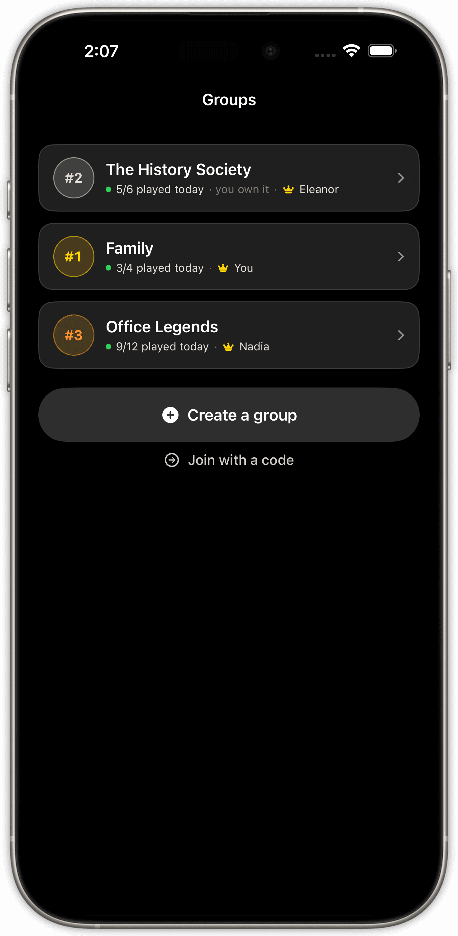 The Groups screen with three ranked leaderboard groups and options to create a group or join with a code