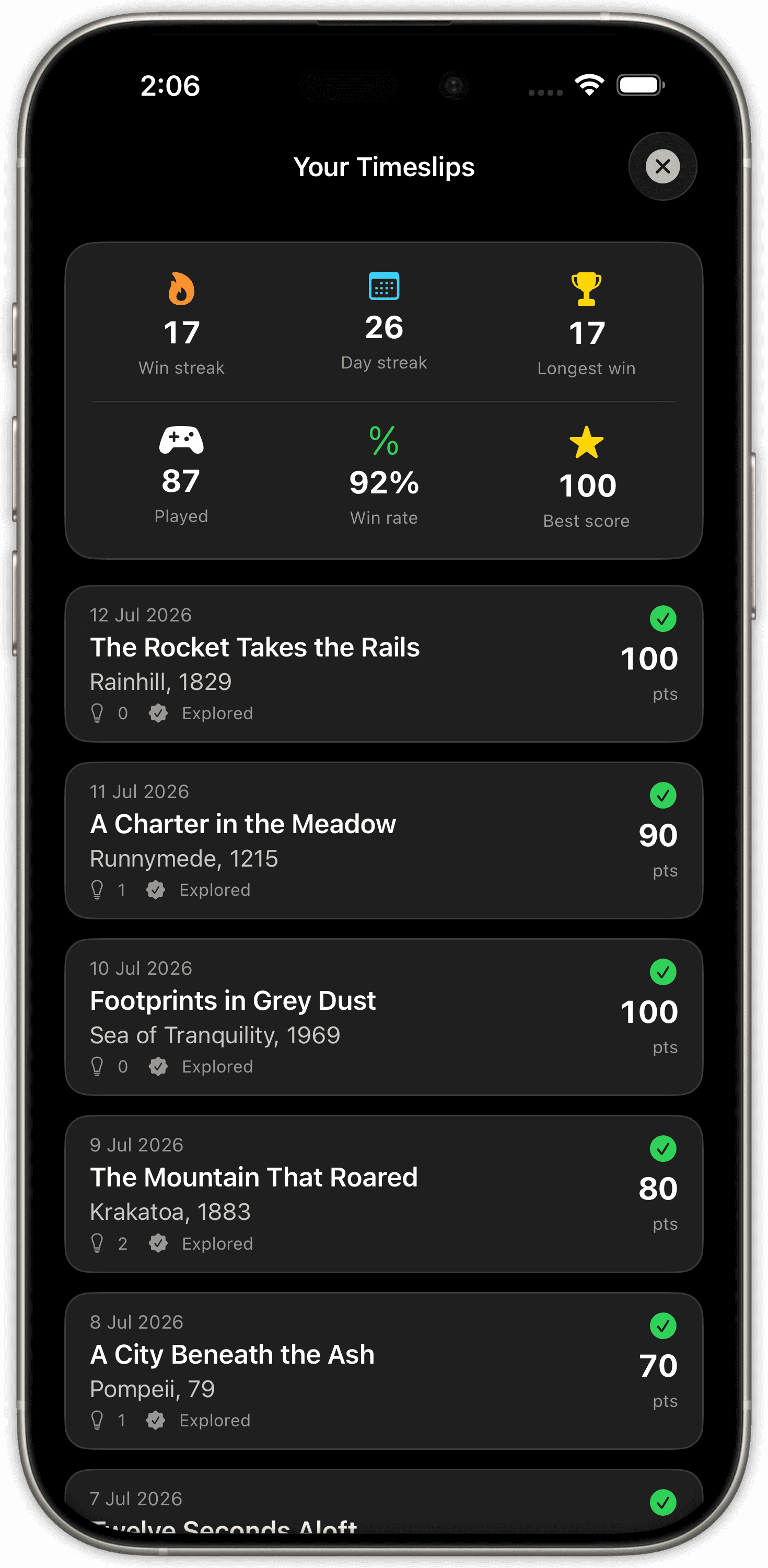 The Your Timeslips screen showing win streak, day streak, win rate, and a list of past days played