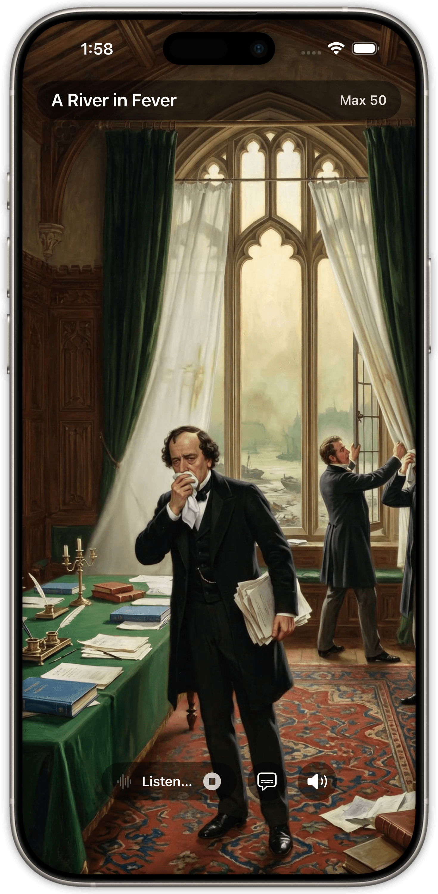 A Timeslip scene filling the phone screen: a Victorian statesman presses a handkerchief to his nose in a grand office while a colleague shuts the window against the river outside