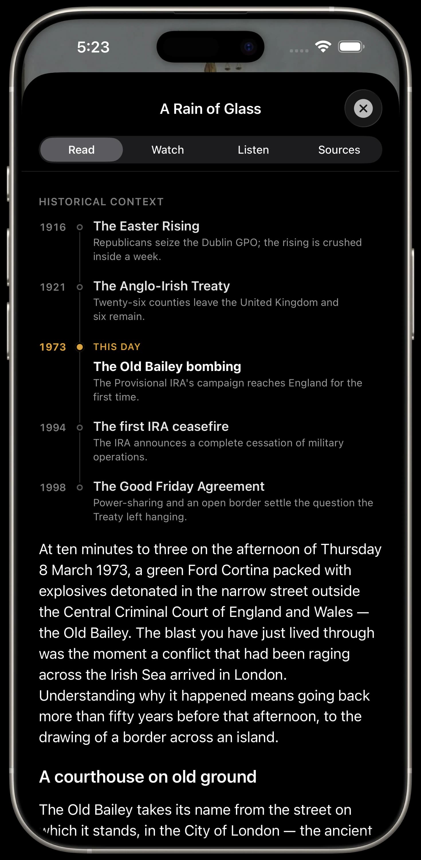 The Learn more sheet with Read, Watch, Listen and Sources tabs above a timeline running 1916 to 1998, the 1973 entry marked “This day”, and the article beginning underneath