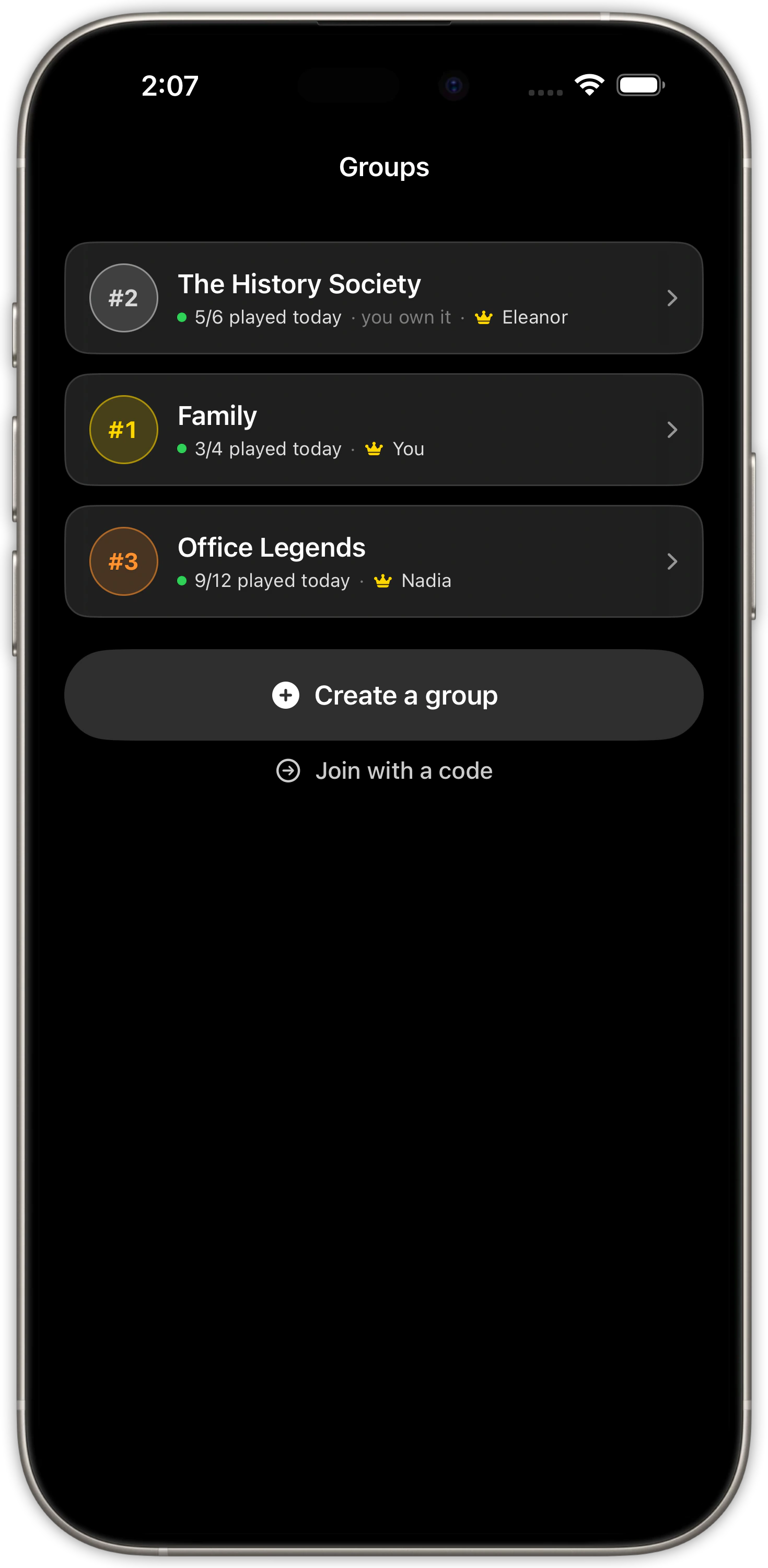 The Groups screen with three ranked leaderboard groups and options to create a group or join with a code