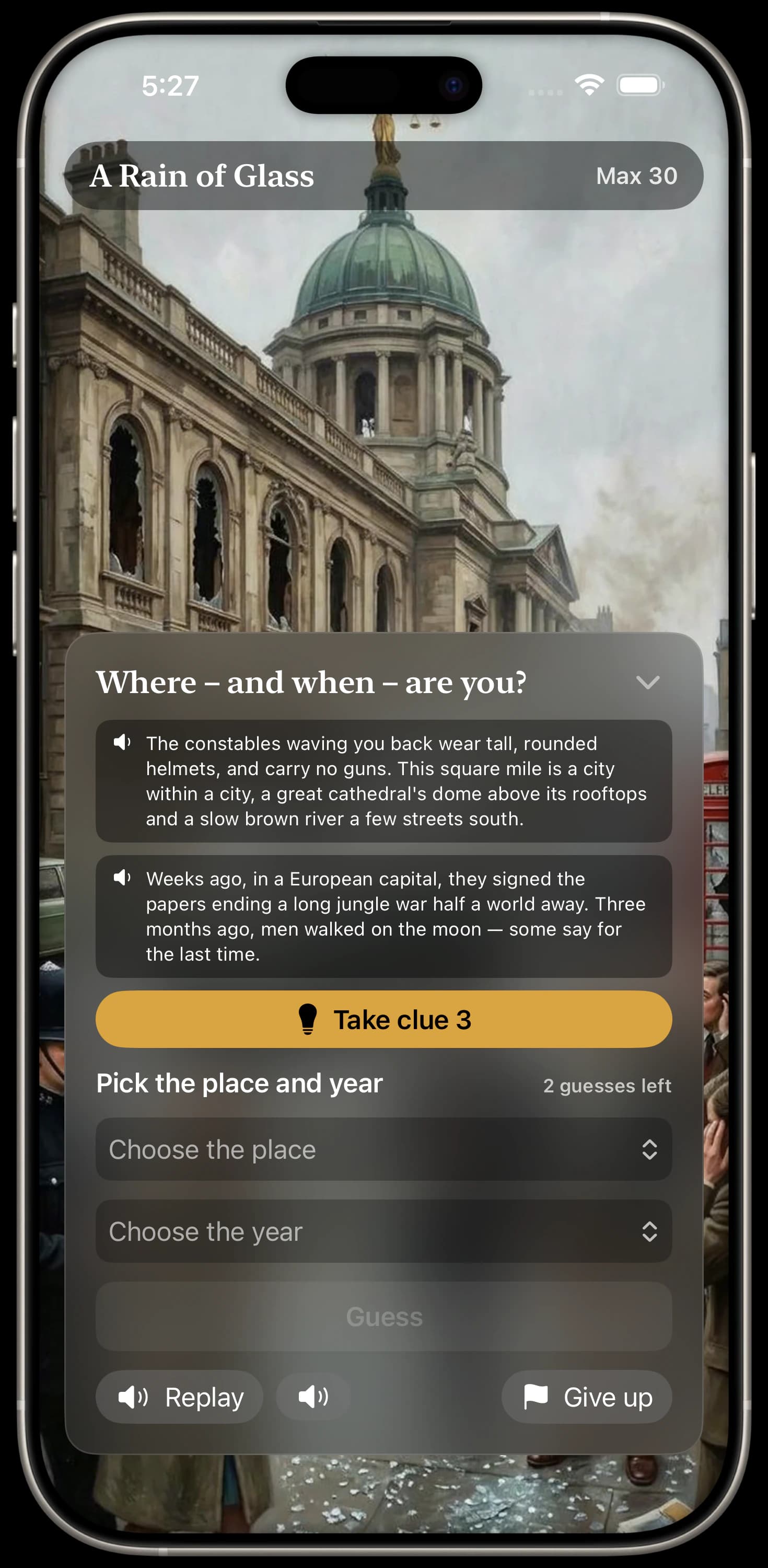 The guess sheet over a scene: two spoken clues, a button to take a third, and fields for place and year