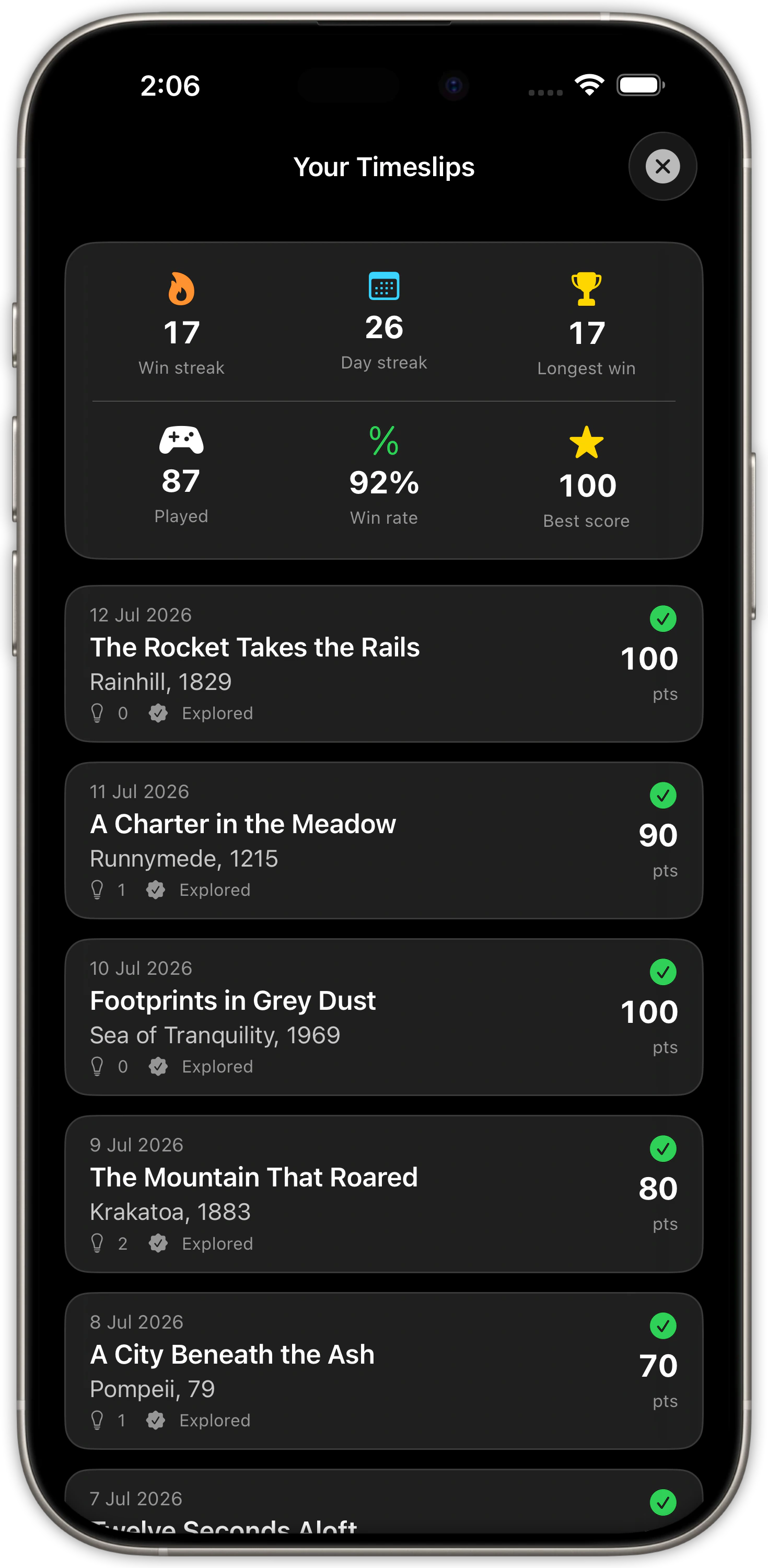 The Your Timeslips screen showing win streak, day streak, win rate, and a list of past days played