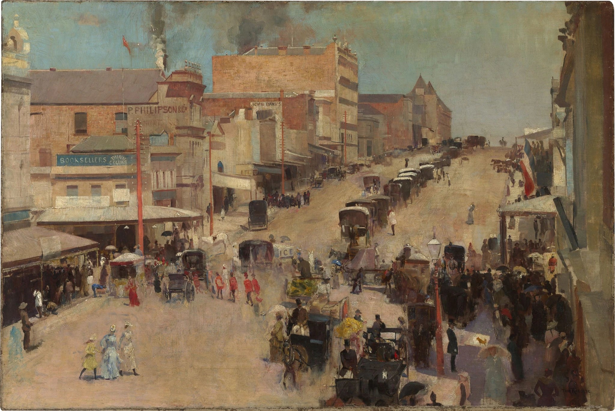 An oil painting of Bourke Street in 1886, looking up a wide pale roadway crowded with hansom cabs, drays and figures in dark coats and hats, shopfronts and telegraph poles down both sides, and a hazy blue-green sky above.