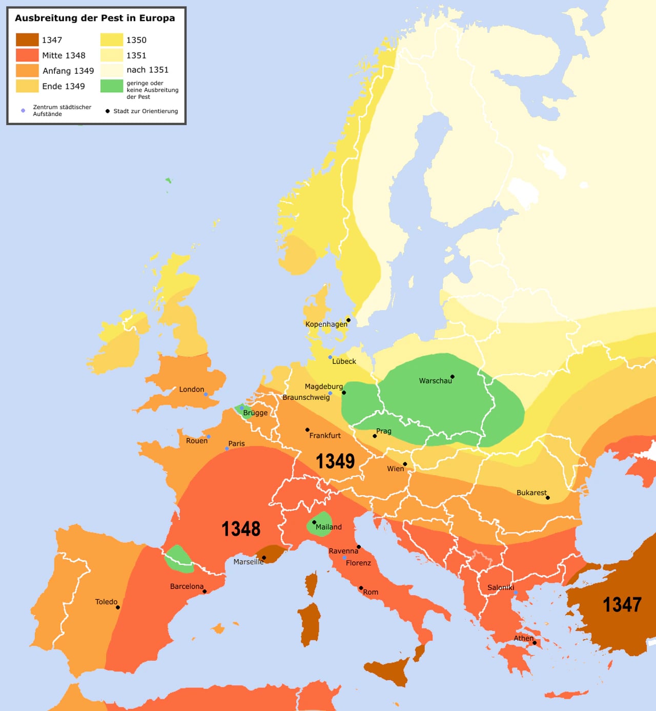 A map of Europe and the Mediterranean shaded in bands of colour, with dated contour lines sweeping outward from Sicily and the Italian ports across France, Spain, Germany, Britain and Scandinavia, marking how far the plague had reached by the end of each year from 1347 to 1351.