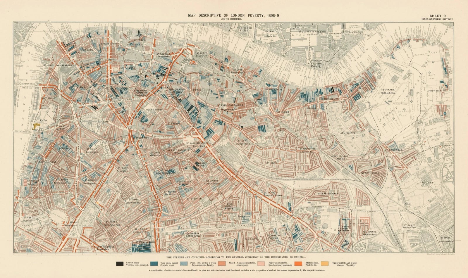 Charles Booth's colour-coded 1898–9 poverty map of inner south London, streets shaded from black and dark blue for the poorest through to red and yellow for the comfortable and wealthy.