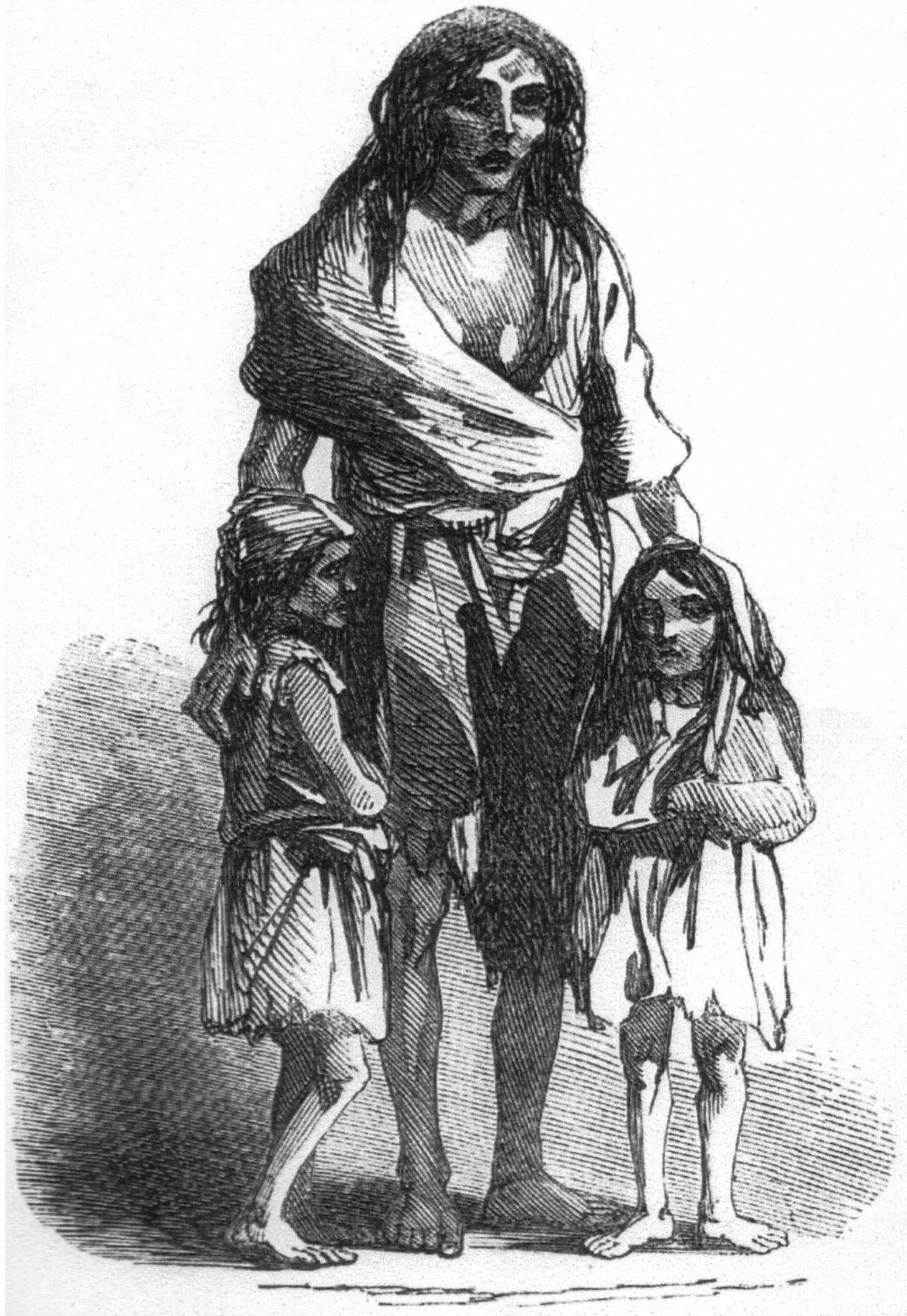 A wood engraving of a barefoot woman in ragged clothes standing with two barefoot children, all three emaciated, against a bare background.