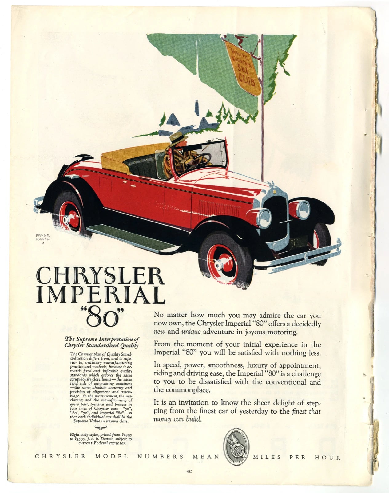 A colour magazine advertisement from 1927 for the Chrysler Imperial “80”, showing a red open-topped car painted beside a ski-club pennant and pine trees.