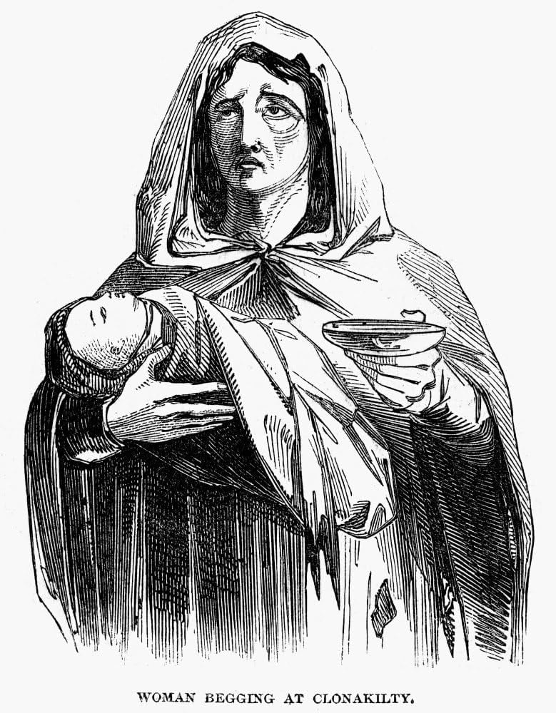 A wood engraving of a gaunt woman in a hooded cloak holding a limp infant in one arm and an empty bowl out in the other hand.