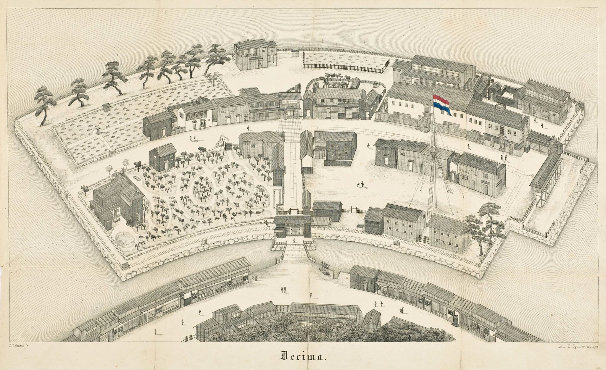 A lithograph looking down on a fan-shaped walled island crowded with warehouses, tiled roofs and a small garden, a Dutch flag flying from a mast at its centre, joined to the mainland by a single short bridge.
