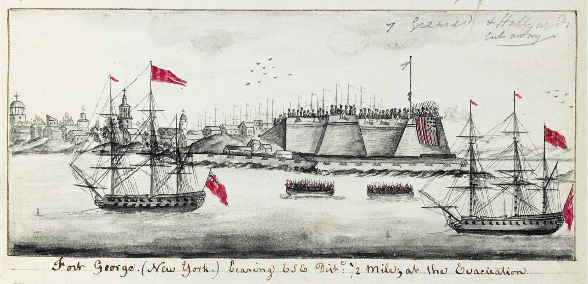 A watercolour panorama of New York seen from the water: a bastioned fort with red-coated troops lining its ramparts, church spires and rooftops behind, two square-rigged warships flying red ensigns, and two crowded boats of soldiers pulling out between them. A pencilled note points at the bare flagstaff.
