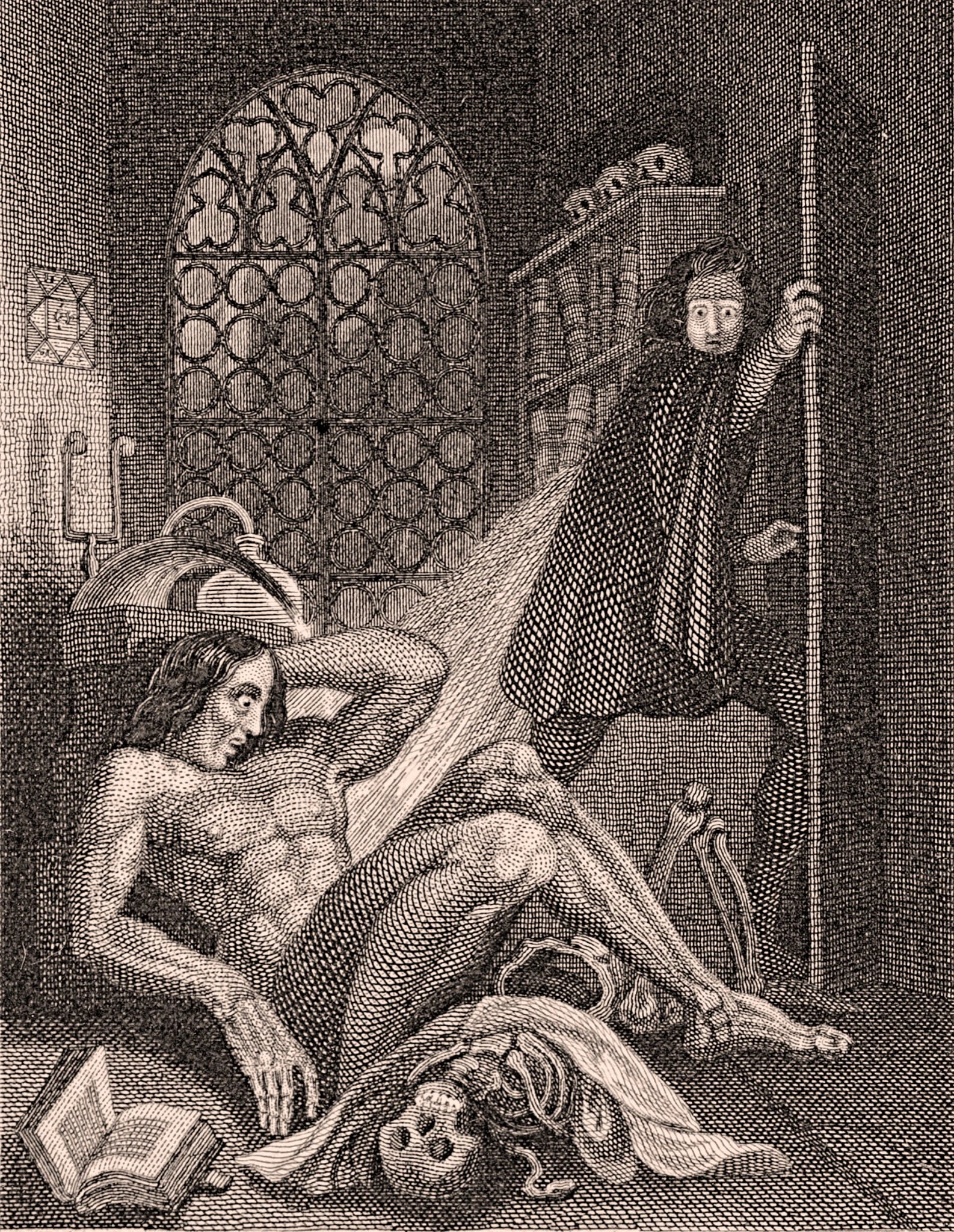 A steel engraving of a vaulted stone room with a tall traceried window. A naked, gaunt male figure with long hair pushes himself up off the floor beside a discarded cloth and a skull, one hand raised to his head. Behind him a younger man in a long coat flees toward an open door, clutching the frame and looking back over his shoulder. An open book lies on the flagstones in the foreground.