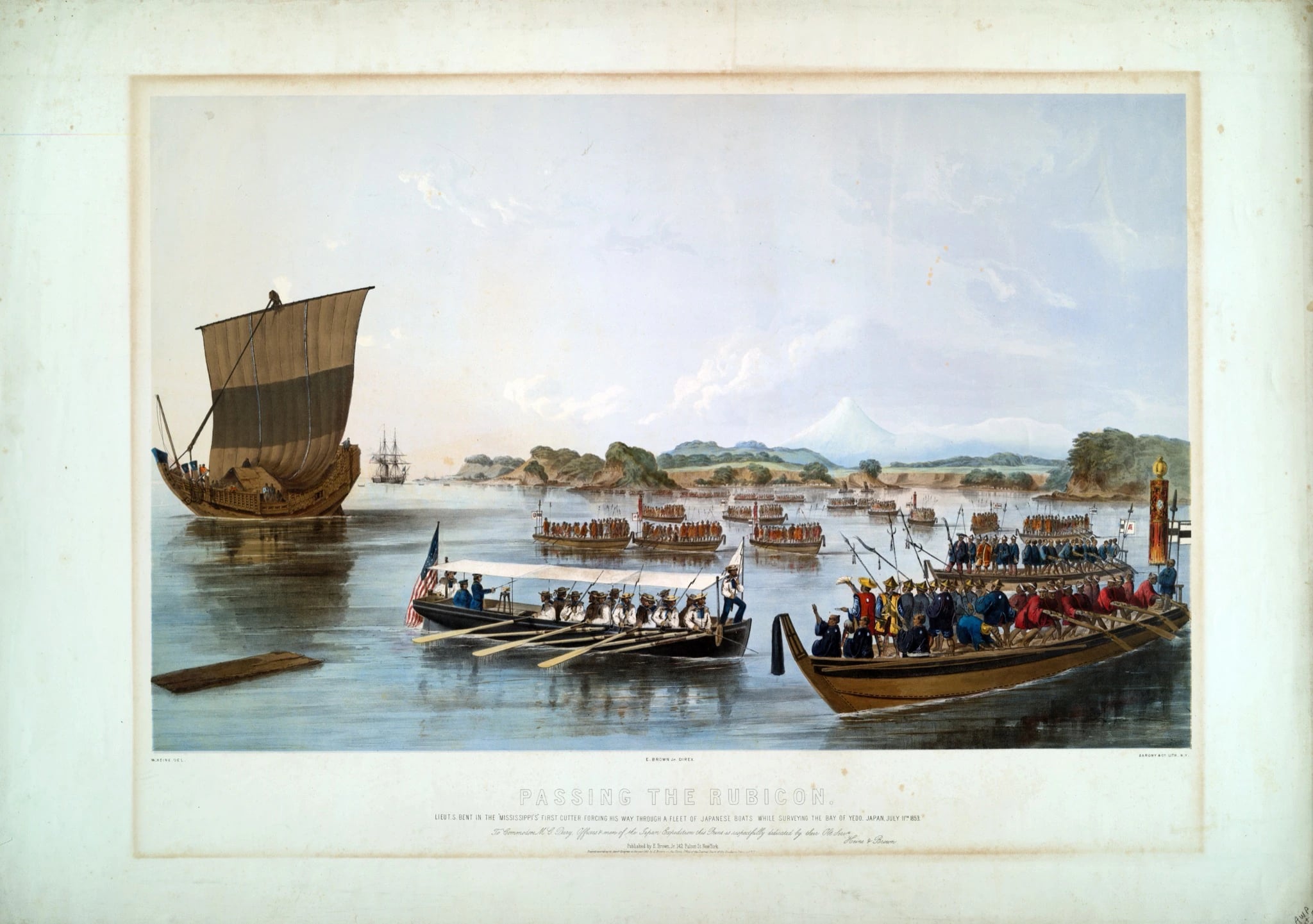 A colour lithograph of a long American ship's boat under a United States flag, rowed by uniformed sailors, pushing between crowded Japanese guard boats whose standing rowers work long oars; a sailing junk lies to the left and a distant conical mountain rises beyond the low shore.