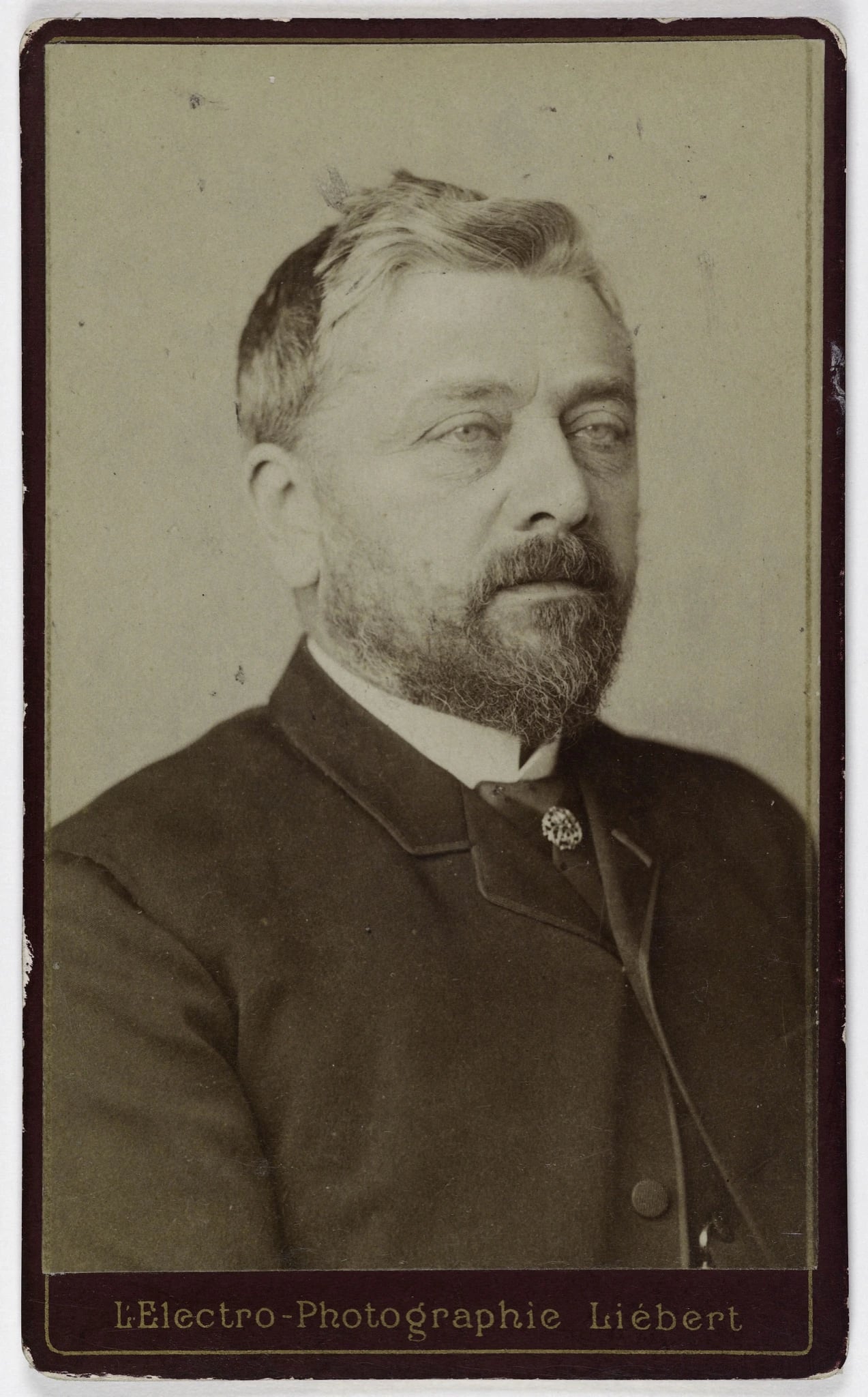 A sepia carte de visite photograph of Gustave Eiffel, head and shoulders, turned slightly to his right. He is a broad-faced man in late middle age with swept-back greying hair, a full grey beard and moustache, wearing a dark coat and a high collar with a small rosette in the buttonhole. The print is mounted on card, with the studio line L'Electro-Photographie Liébert printed along the dark border at the foot.