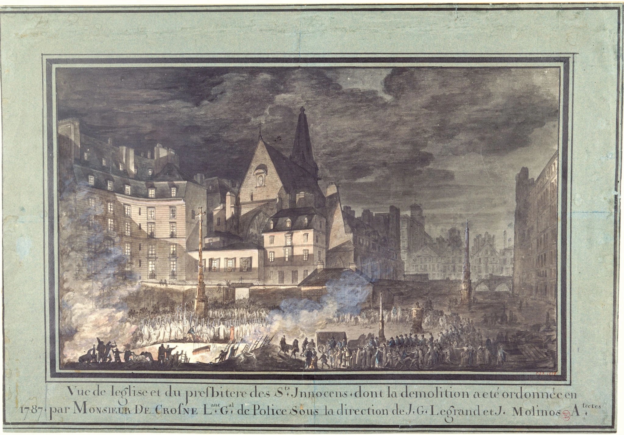 A pen-and-watercolour night scene on an old paper mount: a walled Paris cemetery lit by bonfires and torches, a crowd on the open ground with a line of white-robed figures at the lower left, carts and workmen among them, and the steep roofs and spire of a Gothic church and tall houses rising behind under a smoke-filled sky.