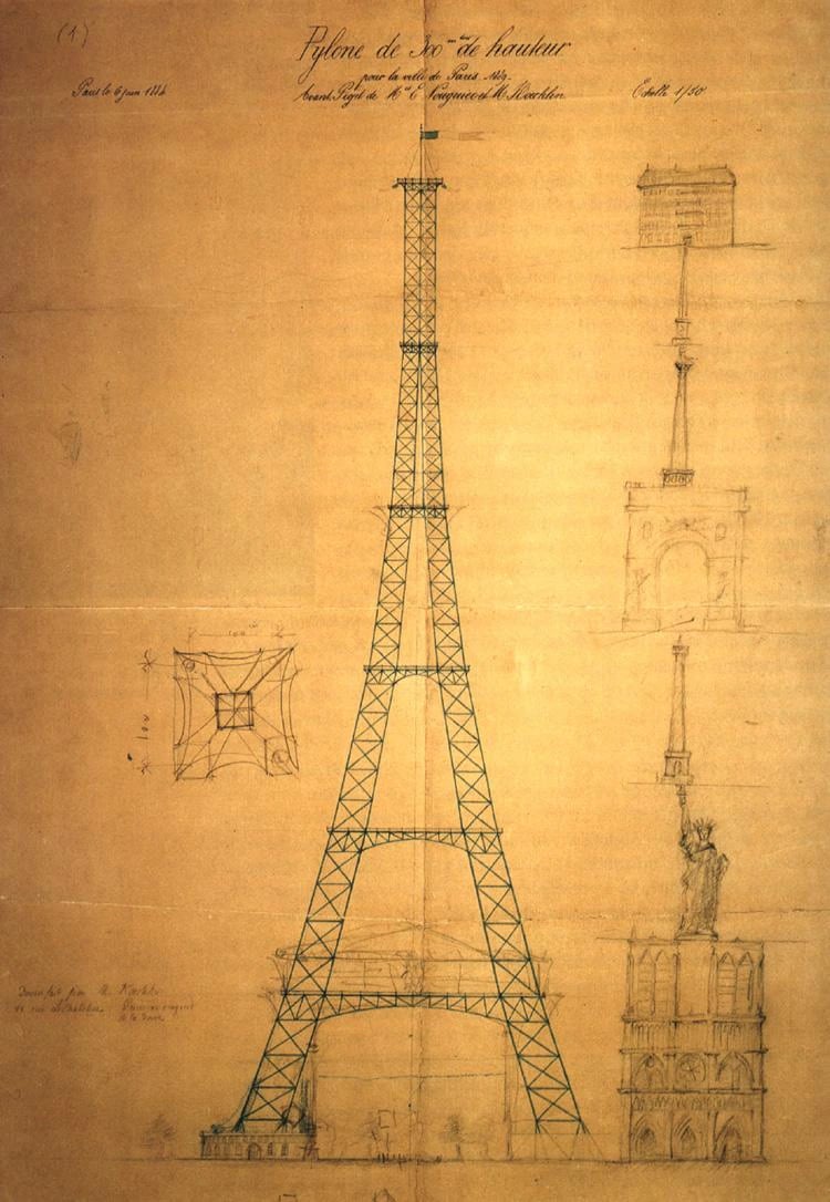 A large pencil and ink drawing on aged paper, headed in cursive script Pylône de 300m de hauteur pour la ville de Paris 1889. A tall four-legged iron lattice tower is drawn in green ink in elevation on the left, with a small plan of its square base beside it. Down the right-hand side, drawn much smaller and stacked one above another for comparison, are the Arc de Triomphe, a tall column, the Statue of Liberty on its pedestal and the west front of Notre-Dame.