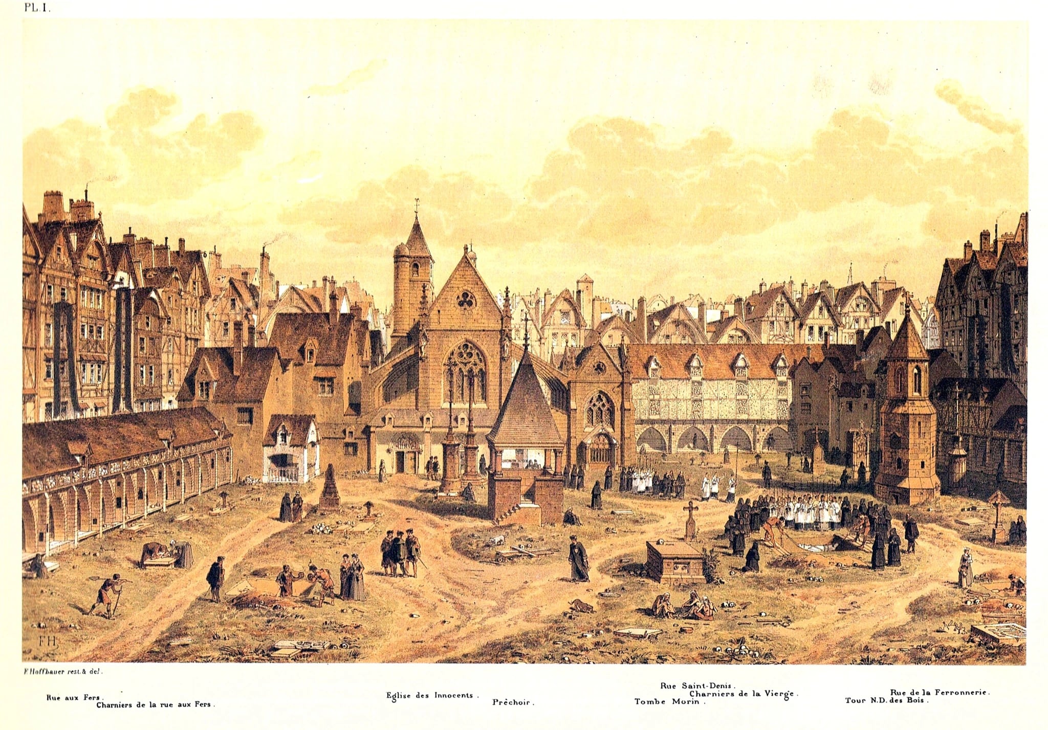 A coloured engraving of a large walled medieval cemetery in the middle of a city: bare earth crossed by paths and dotted with tombs and crosses, gravediggers at work in the foreground, long arcaded galleries running along the left and right walls, and a Gothic church surrounded by steep-roofed timbered houses.