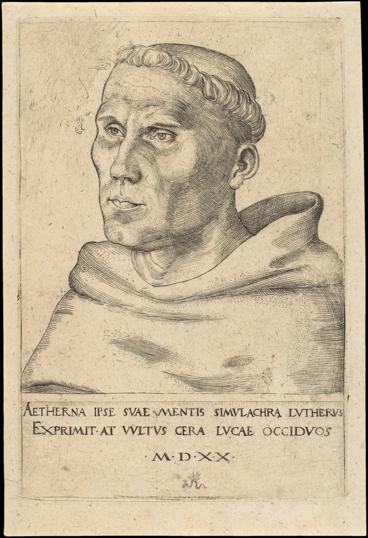 An engraved bust portrait of a gaunt, clean-shaven man in three-quarter view, his crown shaved to a tonsure with a ring of hair around it, wearing the heavy hooded cowl of a friar. A Latin inscription and the date M D XX are cut along the bottom of the plate.