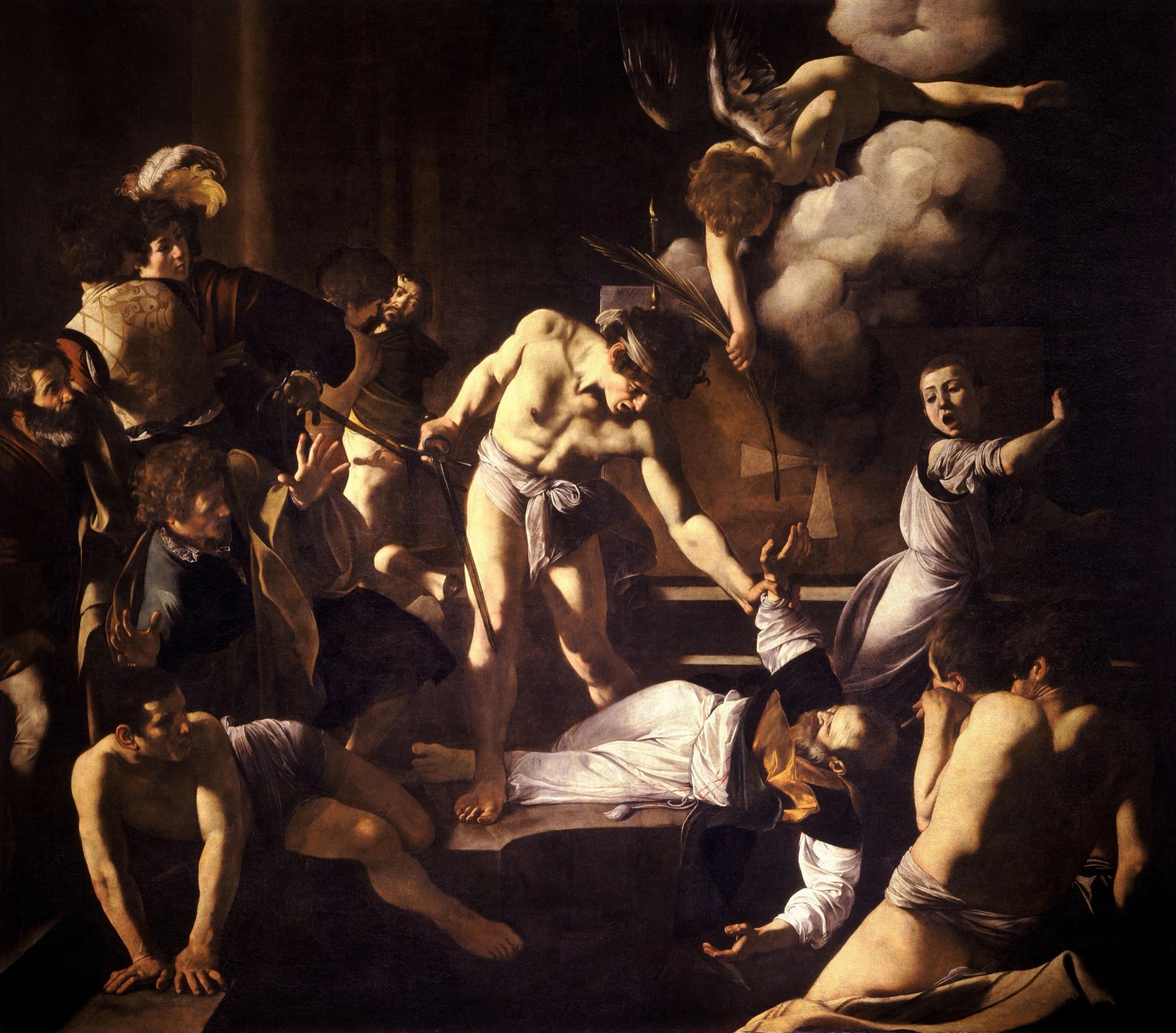 Caravaggio’s The Martyrdom of Saint Matthew: a half-naked assassin stands over the fallen saint with a sword, figures recoil into the surrounding darkness, and an angel leans down out of a cloud holding a palm branch.