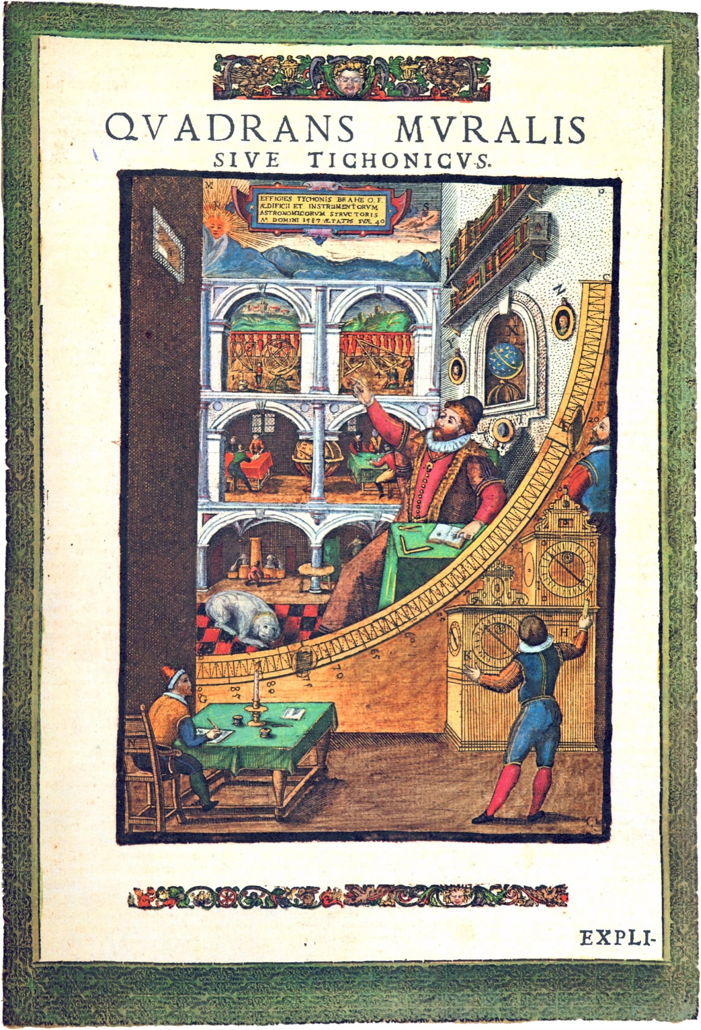 A hand-coloured engraving titled Quadrans Muralis sive Tichonicus: a huge brass quarter-circle scale is fixed to the wall of a room, with a bearded man in a red-sleeved gown seated beside it pointing up at a sight-hole. Behind him the wall is painted with a cut-away view of the observatory's three storeys; an assistant works the clocks at the right, a scribe writes at a table below, and a dog lies on the tiled floor.