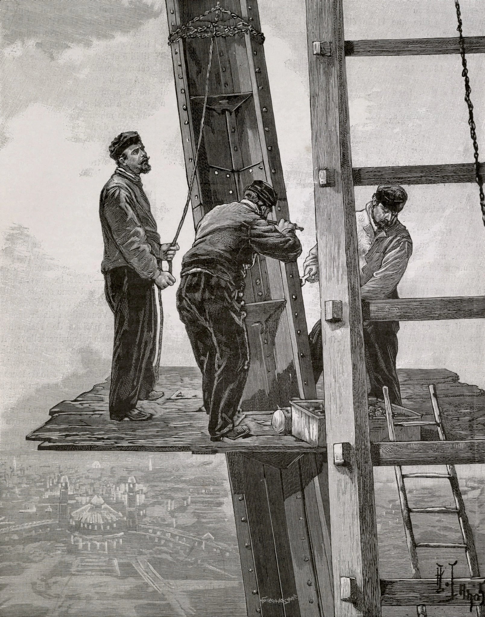A black and white wood engraving of three workmen on a narrow wooden plank projecting from an iron girder high in the air, with no harnesses and no railing. One stands at the outer end holding a rope, a second leans in against the girder driving a bolt, and a third works on the far side of a diagonal timber. Below and behind them, far down through empty air, lies a hazy view of Paris with a domed building among the rooftops.