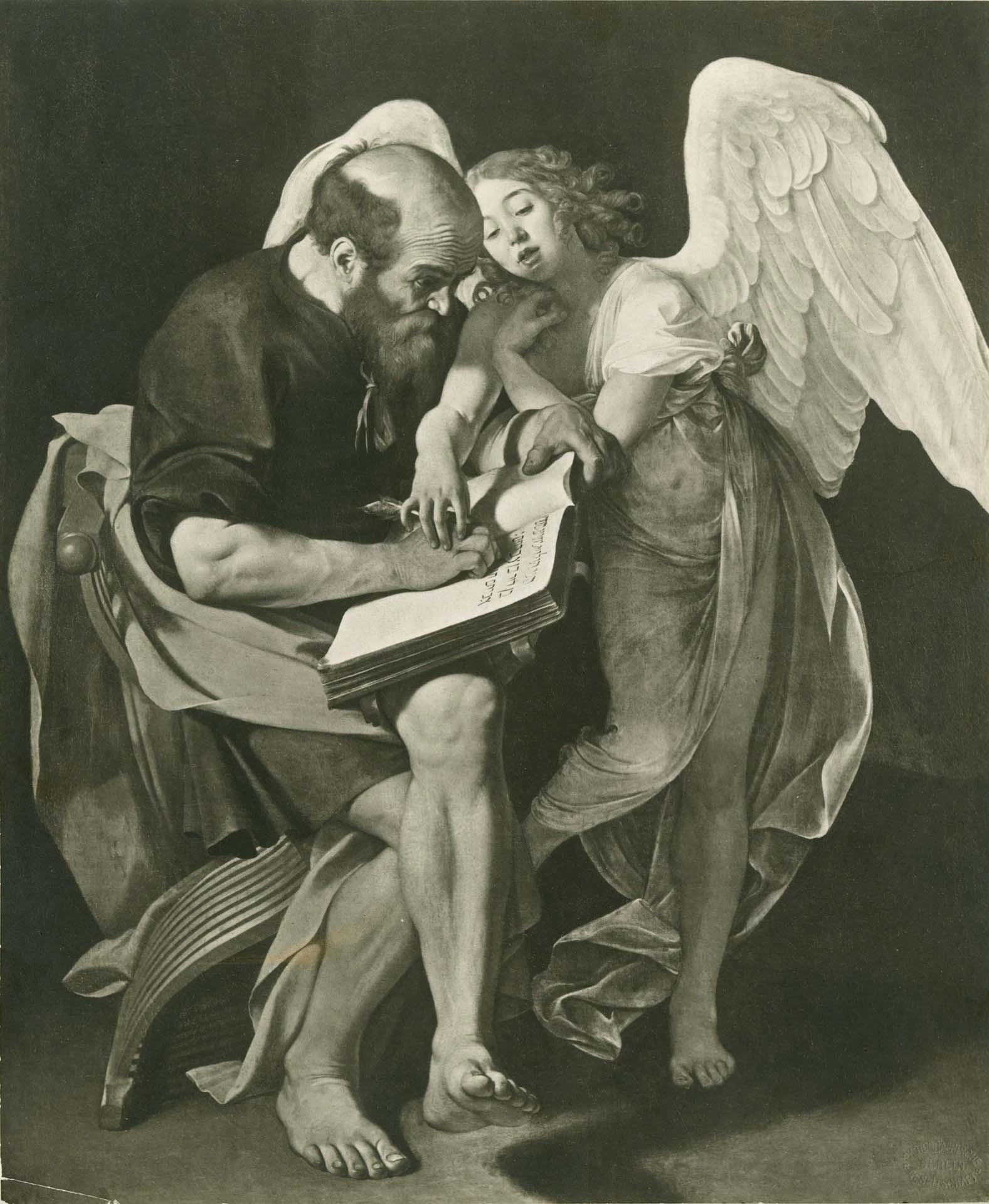A black-and-white photograph of a lost painting: a bald, heavily built, bare-legged Saint Matthew sits with his legs crossed and one bare foot toward the viewer, writing in a large book while a standing angel leans over him and guides his hand.