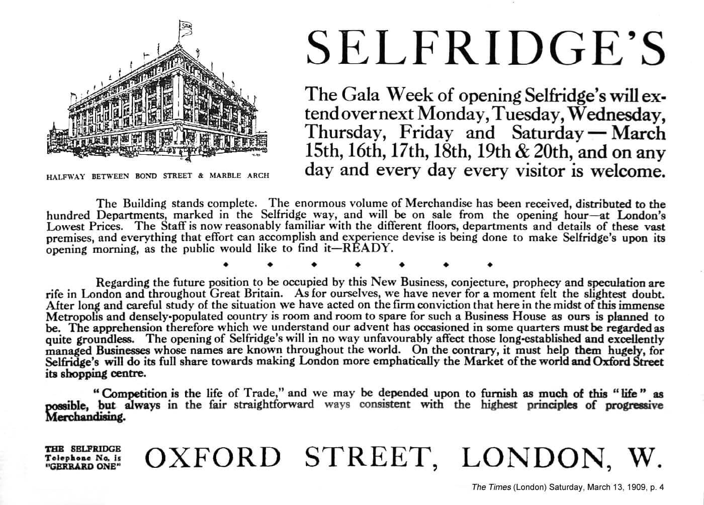 A newspaper advertisement from 1909 announcing Selfridge's gala opening week, with a line drawing of the Oxford Street building and the words “every day every visitor is welcome”.