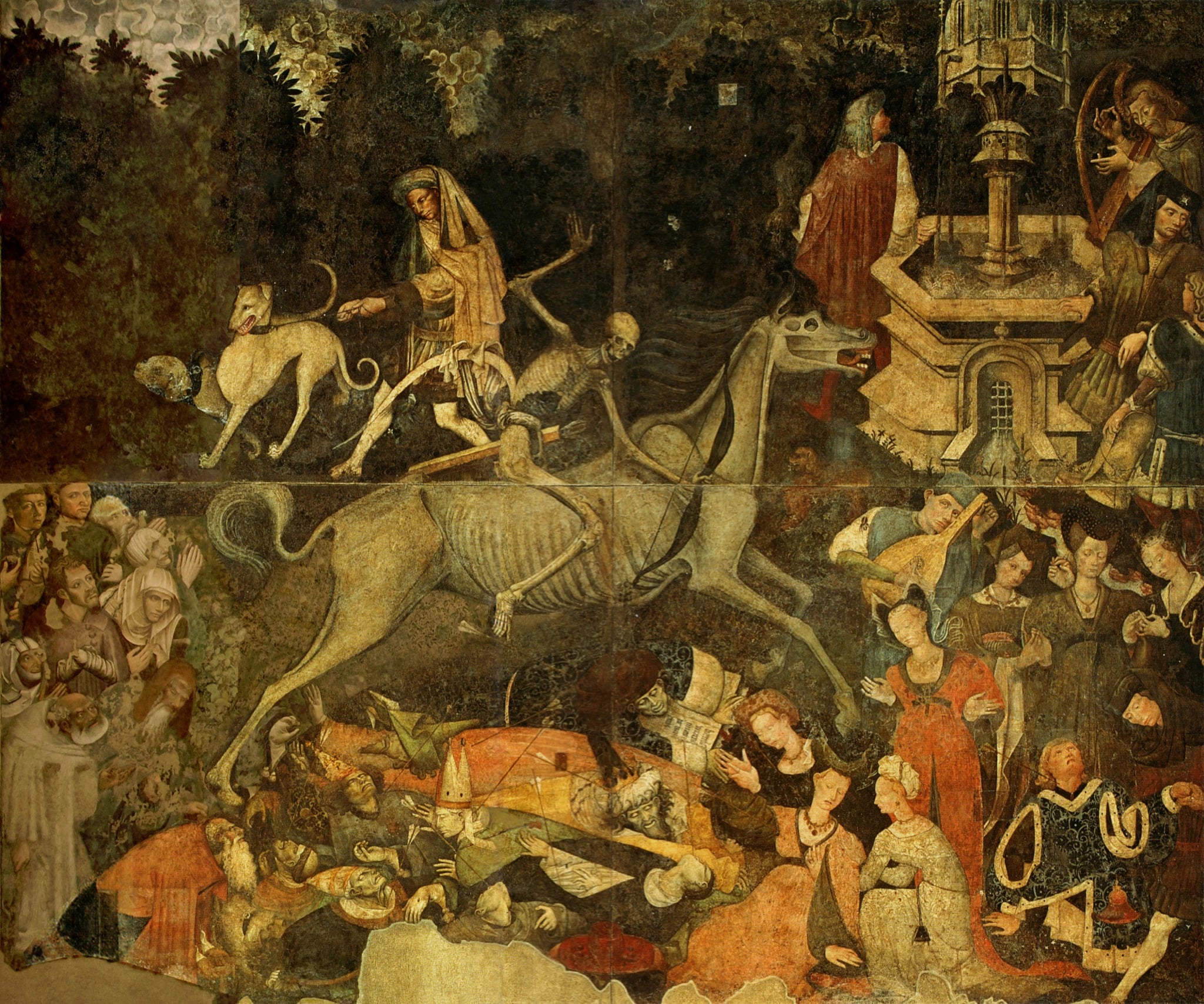 A large damaged fresco: a skeletal horse gallops from the left with a skeleton on its back drawing a bow, trampling a heap of fallen bishops, kings and knights. At the left a crowd of poor and sick people reach out toward the rider; at the right a group of richly dressed young men and women sit unmoved beside a Gothic fountain, one of them playing a lute.