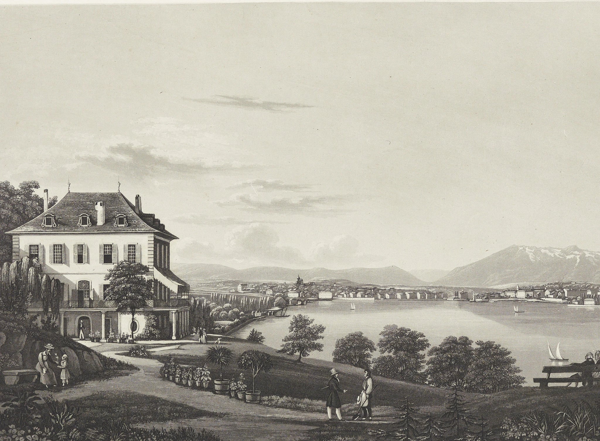 A nineteenth-century aquatint in grey and cream. A large square shuttered house with a hipped roof and an arcaded ground floor stands on a wooded rise at the left, above lawns and a gravel path lined with potted plants. Beyond it a wide lake stretches to a low walled city on the far shore, with hills behind and a snow-topped mountain at the right. Small figures in early nineteenth-century dress walk in the foreground.